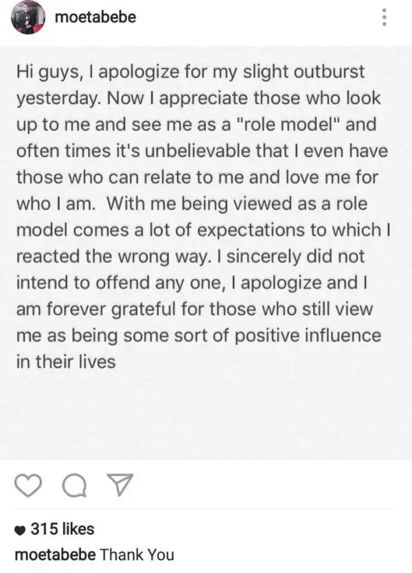 Moet Abebe apologizes to fans after she slammed them
